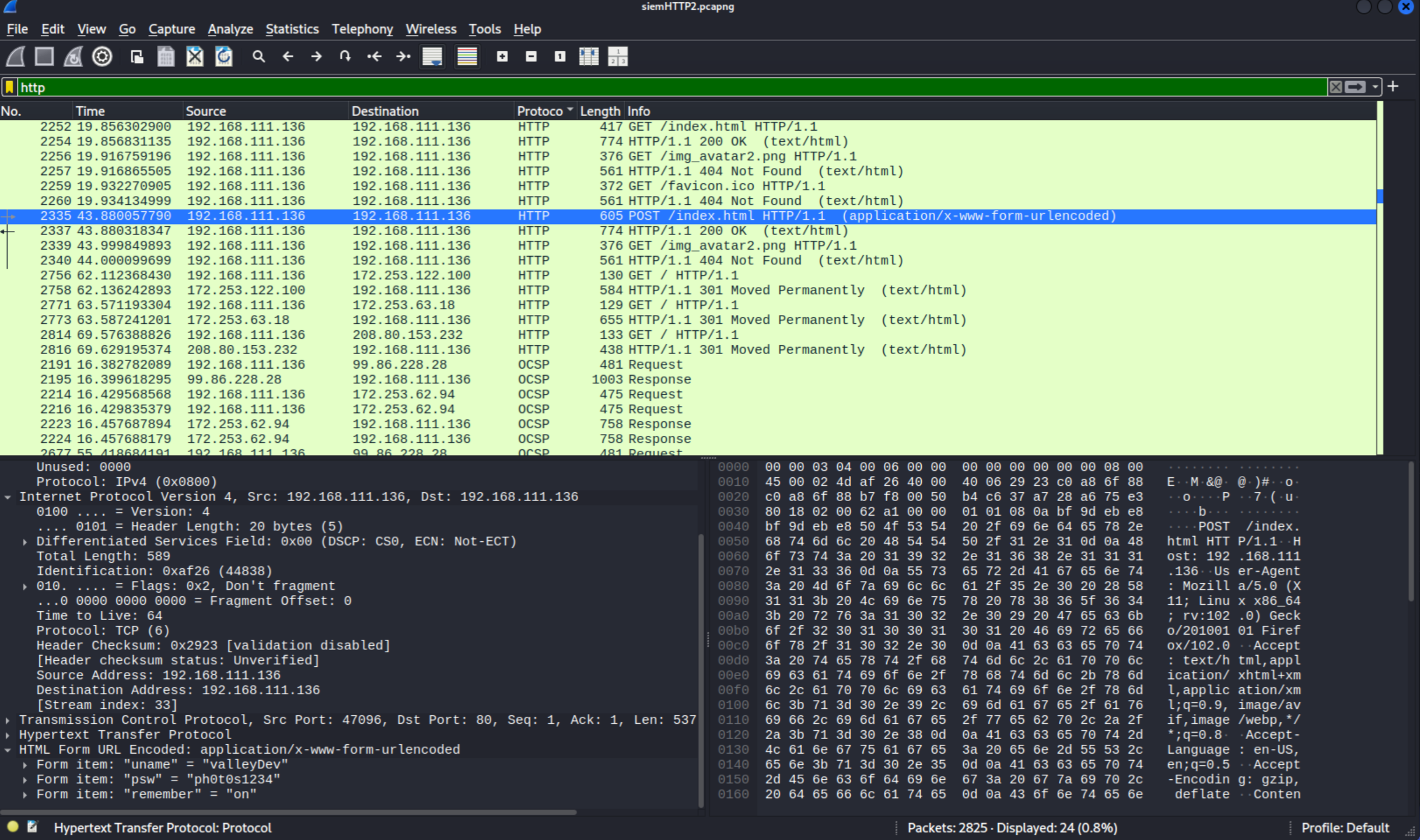 siemHTTP2.pcapng in Wireshark revealing valleyDev credentials in plaintext POST